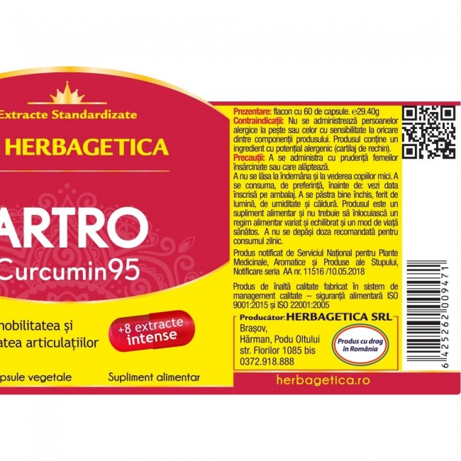 ARTRO+ Curcumin95, mobilitatea articulatiilor, 60 capsule, Herbagetica