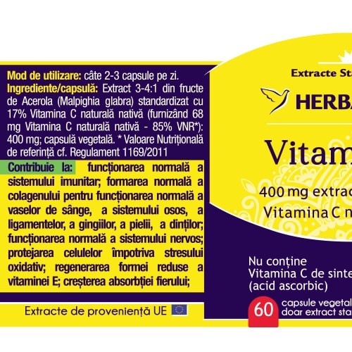 Herbagetica, Vitamina C Forte, sistem imunitar, 60+60 capsule