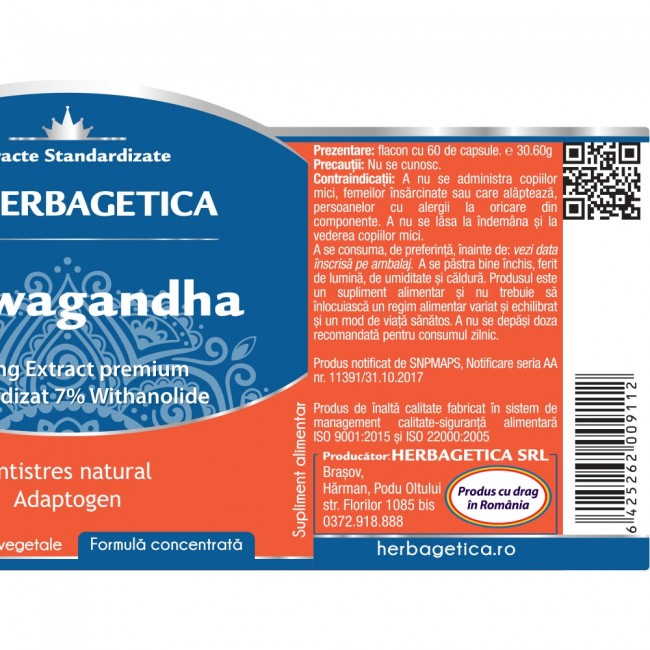 Ashwagandha, Herbagetica, 60 capsule