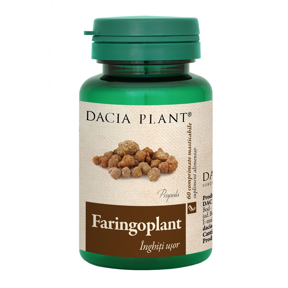 Faringoplant Echinacea, Propolis si Catina, Dacia Plant, Supliment Alimentar pentru Mentinerea Sanatatii Faringelui si a Cavitatii Bucale, 60 comprimate