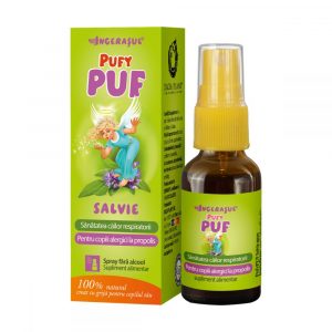 Spray cu Salvie Calmeaza Caile Respiratorii, Ingerasul PufyPuf Dacia Plant, recomandat pentru Ameliorarea Durerilor in Gat la Copiii Alergici la Propolis, 20 ml