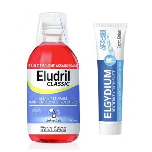 Apa de gura Eludril Clasic, 500 ml si Pasta de dinti anti-placa Elgydium