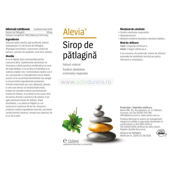 Sirop de patlagina pentru sustinerea aparatului respirator, Alevia, 150 ml