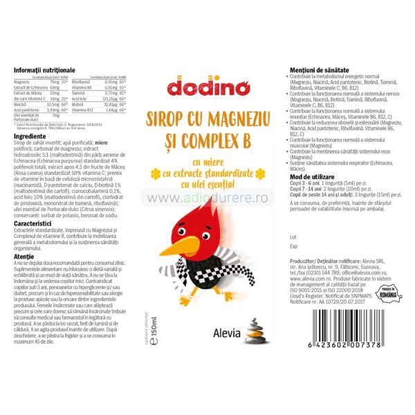 Sirop cu Magneziu si Complex B Dodino, Alevia, 150 ml