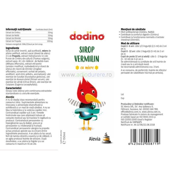 Supliment alimentar pentru eliminare parazitii intestinali Dodino Sirop Vermilin, Alevia, 150 ml