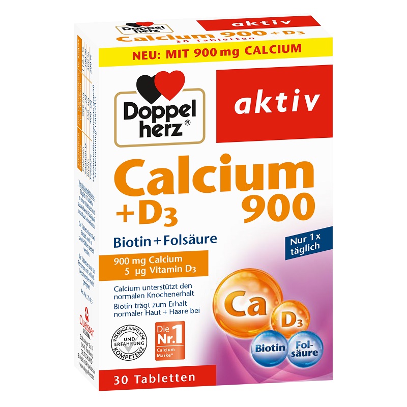 Calciu 900 +D3+Biotina+Acid Folic, 30 comprimate, Doppelherz Aktiv