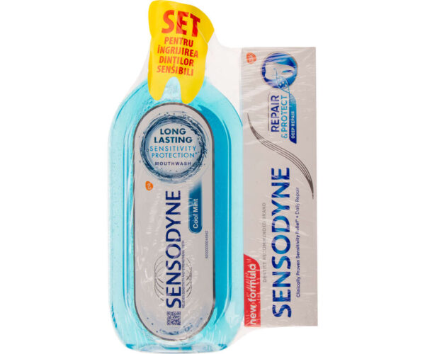 Pachet: pasta de dinti Sensodyne Repair and Protect 75ml + apa de gura Cool Mint 500ml Gratis
