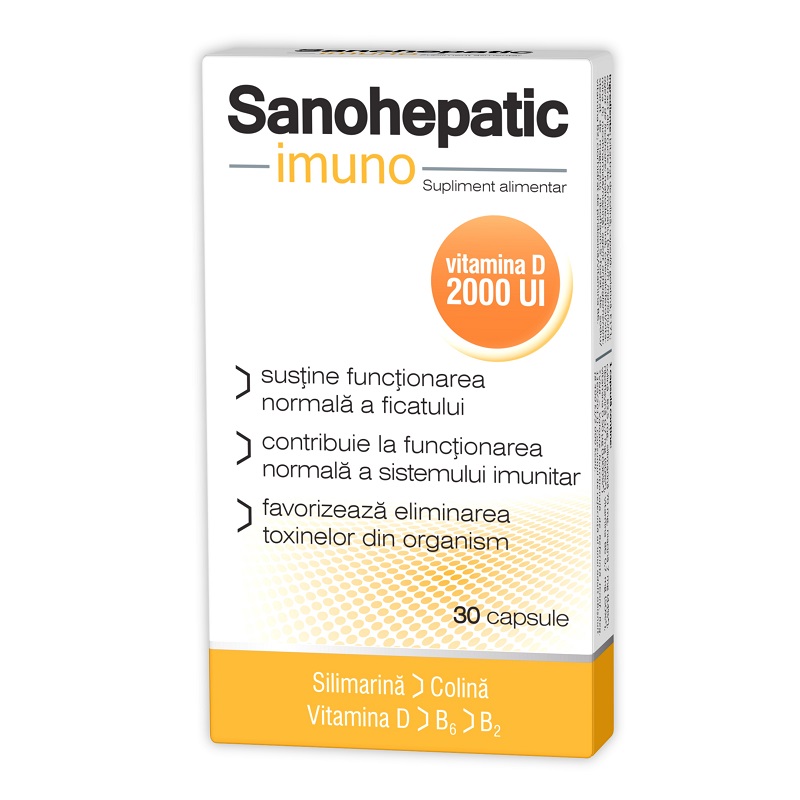 Sanohepatic Imuno 2000UI, cu complex de Silimarina, Colina, Vitamina D, B6, B2, 30 capsule