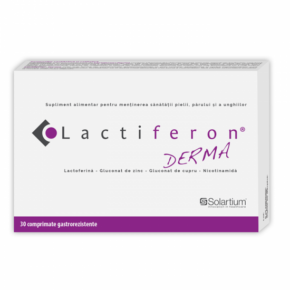 Lactiferon Derma este un supliment alimentar ce contribuie atat la mentinerea sanatatii pielii, parului si a unghiilor cat si la sistemul imunitar.