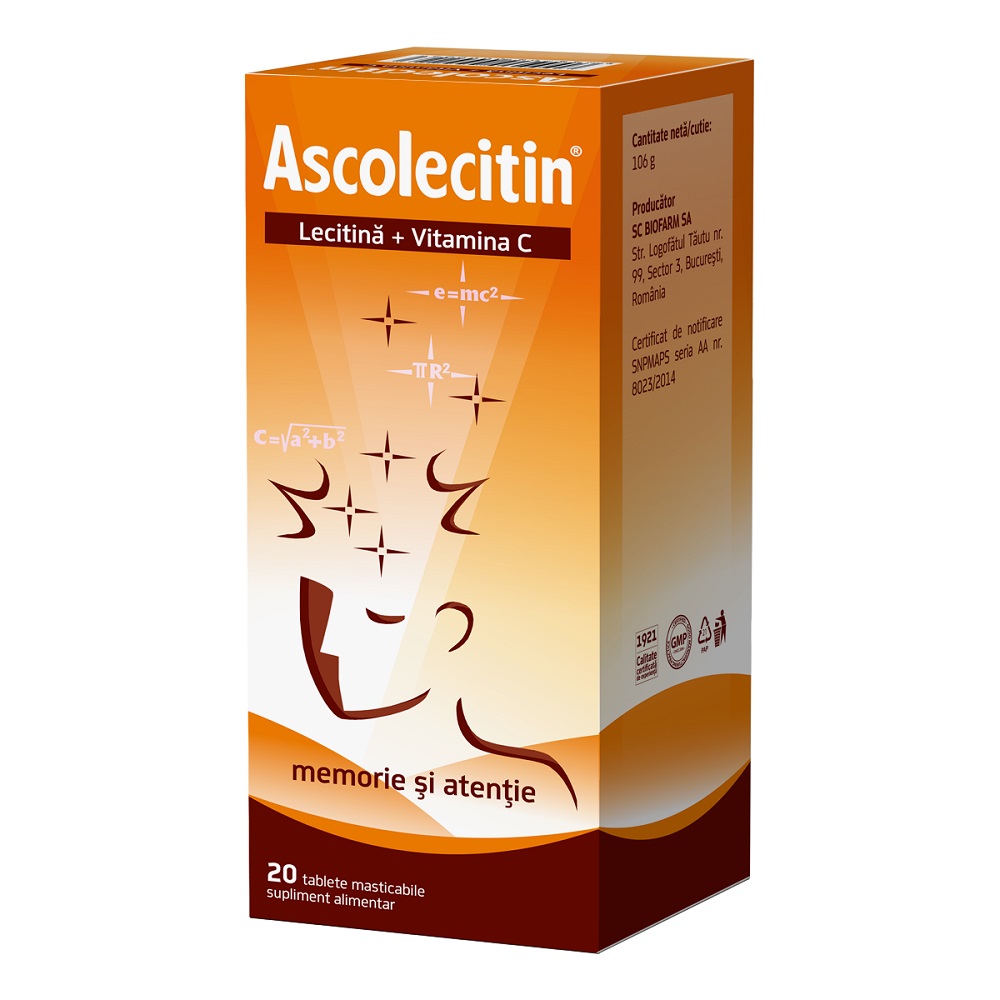 Supliment alimentar,Ascolecitin,pentru memorie si atentie,20 tablete masticabile