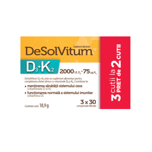 Pachet DeSolVitum D3 si K2, 3x30 comprimate