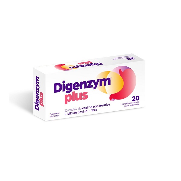 Digenzym Plus, complex de enzime pancreatice, bila de bovine si fibre, pentru o digestie deficitara, 20 comprimate