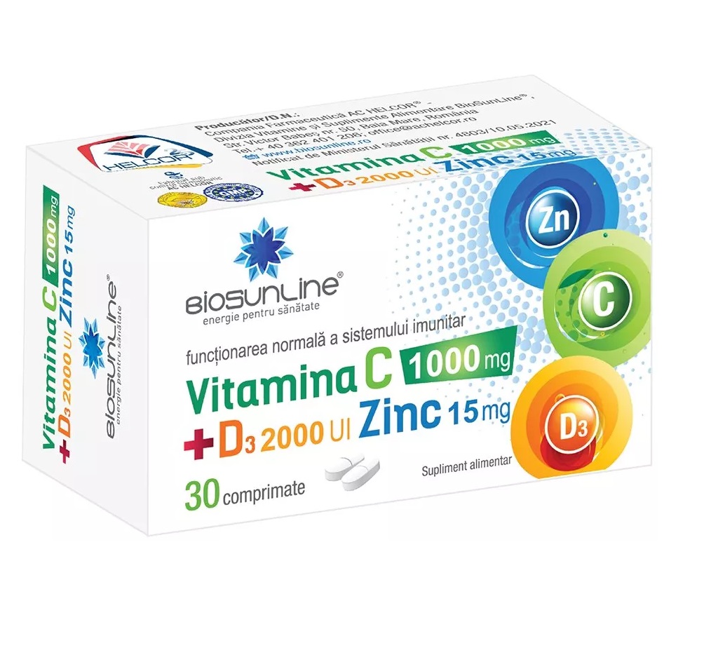 Vitamina C 1000 mg + D3 2000UI si Zinc pentru sistemul imunitar BioSunLine, 30 comprimate