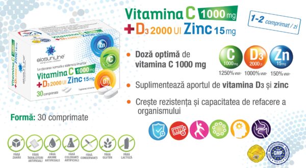 Vitamina C 1000 mg + D3 2000UI si Zinc pentru sistemul imunitar BioSunLine, 30 comprimate