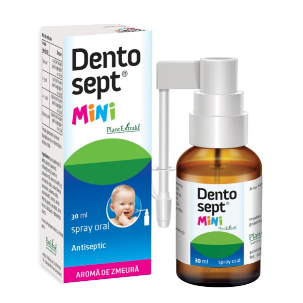 Spray oral antiseptic cu aroma de zmeura Dentosept Mini, 30 ml