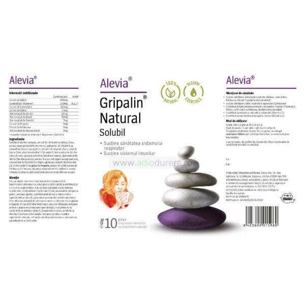 Supliment alimentar Gripalin Natural solubil, Alevia, 10 plicuri