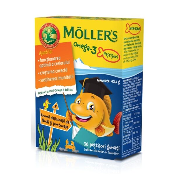 Pestisori gumati Omega 3 Moller's, cu aroma de lamaie si portocale, 36 jeleuri