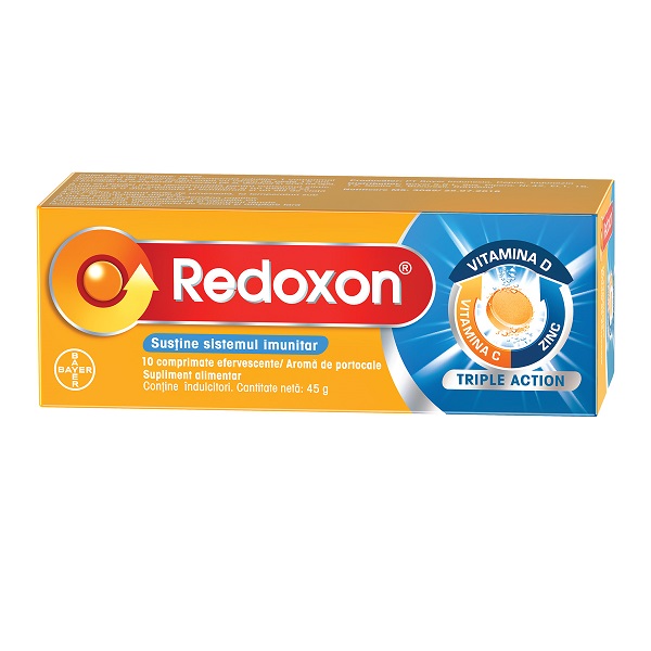 Redoxon cu Vitamina C, Vitamina D si Zinc cu rol in sustinerea sistemului imunitar, 10 comprimate efervescente