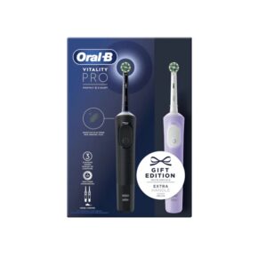 Set 2 x Periuta de dinti electrica Oral-B Vitality Pro, Curatare 2D, 3 programe, 1 Incarcator, 2 Capete, Negru/Violet