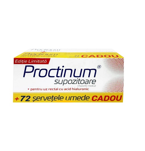 Pachet Proctinum Supozitoare cu Acid Hialuronic 10buc + Servetele Hipoalergenice pentru Igiena Ano-Rectala 72buc Cadou ZDROVIT