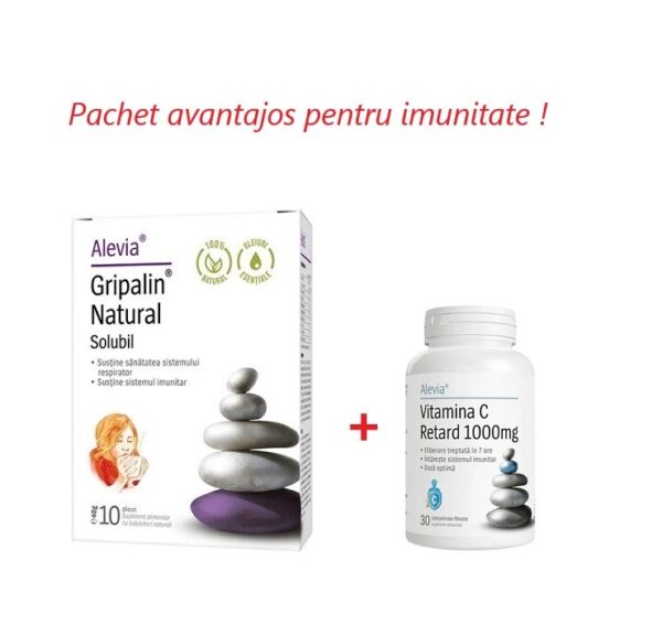 Pachet Gripalin Natural Solubil 10 plicuri + Vitamina C Retard 1000mg 30 comprimate, Alevia