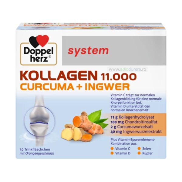 Supliment alimentar Colagen 11.000 Plus Curcuma + Ghimbir, Doppleherz Aktiv, 30 flacoane unidoza